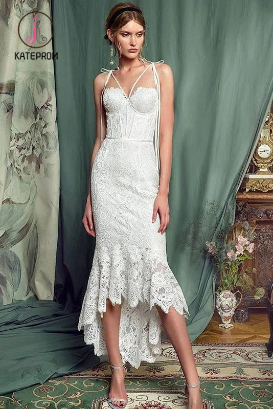 Kateprom Sheath Lace Prom Dress, Unique Lace Wedding Dress with Ruffles KPP1044