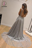 Kateprom A-Line Sleeveless Silver Backless Fashion Custom Unique Design Long Prom Dresses KPP1048
