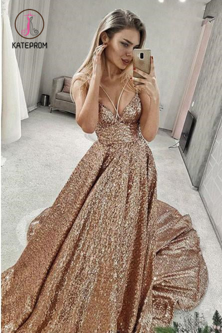 Kateprom Shiny Puffy Sleeveless Sequined Court Train Prom Dress, Sparkly Sequin Evening Dresses KPP1049