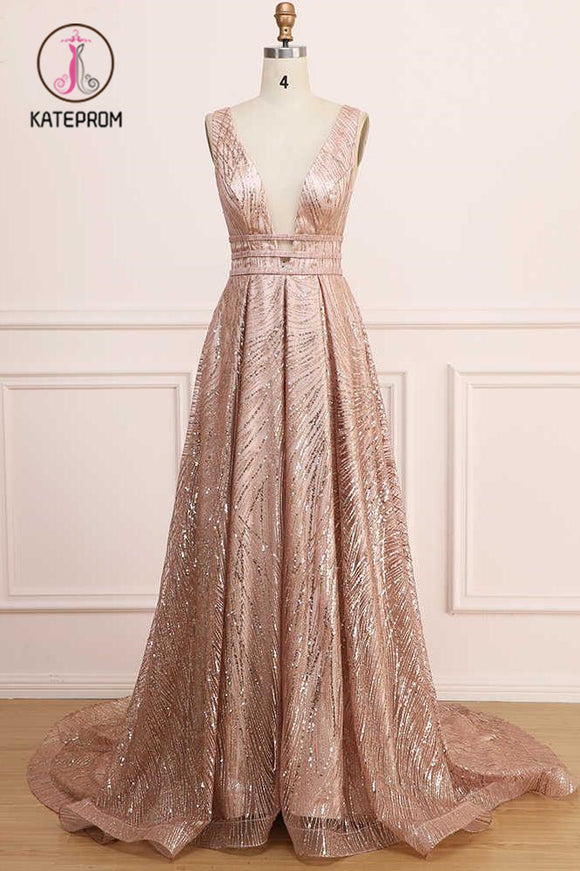 Kateprom A Line Deep V Neck Long Prom Dress with Sequins, Glitter Sleeveless Evening Dress KPP1051