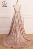 Kateprom A Line Deep V Neck Long Prom Dress with Sequins, Glitter Sleeveless Evening Dress KPP1051