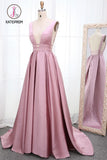 Kateprom Simple V Neck Sleeveless Long Prom Dress, A Line Ruched Long Evening Dresses KPP1052