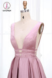 Kateprom Simple V Neck Sleeveless Long Prom Dress, A Line Ruched Long Evening Dresses KPP1052