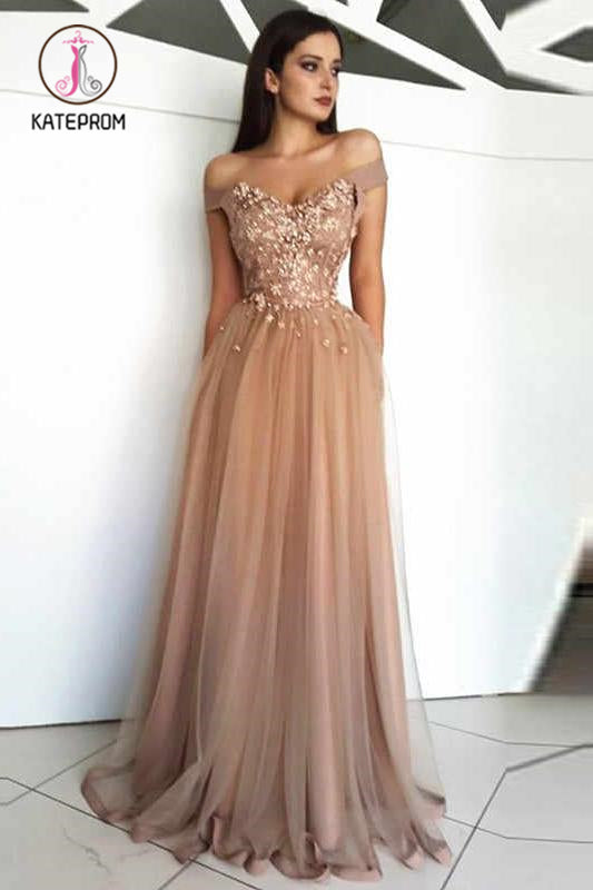 Kateprom Floor Length Off Shoulder Tulle Evening Dress with Appliques, Elegant Prom Gown KPP1053