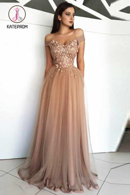 Kateprom Floor Length Off Shoulder Tulle Evening Dress with Appliques, kateprom Kateprom Floor Length Off Shoulder Tulle Evening Dress with Appliques, kateprom