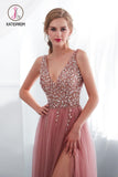 Kateprom Beading V neck Pink High Split Tulle Sweep Train Sleeveless Evening Gown with Sequins KPP1054