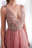 Kateprom Beading V neck Pink High Split Tulle Sweep Train Sleeveless Evening Gown with Sequins KPP1054