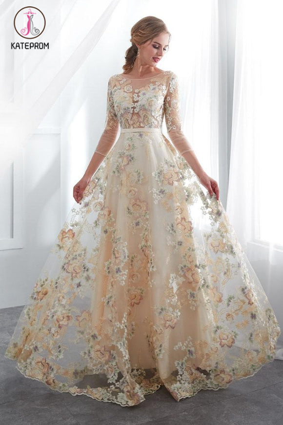 Kateprom A Line Floor Length Floral Prom Dresses 3/4 Sleeves A-line Empire Waist Long Evening Gowns KPP1055