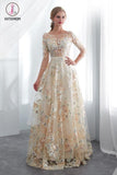 Kateprom A Line Floor Length Floral Prom Dresses 3/4 Sleeves A-line Empire Waist Long Evening Gowns KPP1055