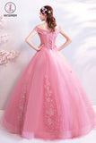 Kateprom Pink Off the Shoulder Puffy Tulle Prom Dresses, Floor Length Appliqued Quinceanera Dress KPP1056