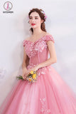 Kateprom Pink Off the Shoulder Puffy Tulle Prom Dresses, Floor Length Appliqued Quinceanera Dress KPP1056