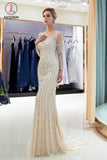 Kateprom Beaded Evening Dresses Luxury Mermaid Crystal Sweep Train Long Sleeves Prom Dress KPP1057