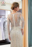 Kateprom Beaded Evening Dresses Luxury Mermaid Crystal Sweep Train Long Sleeves Prom Dress KPP1057