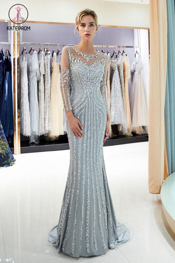 Kateprom Gray Beaded Evening Dresses Luxury Mermaid Crystal Sweep Train Long Sleeves Prom Dress KPP1058
