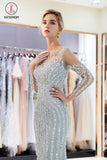 Kateprom Gray Beaded Evening Dresses Luxury Mermaid Crystal Sweep Train Long Sleeves Prom Dress KPP1058