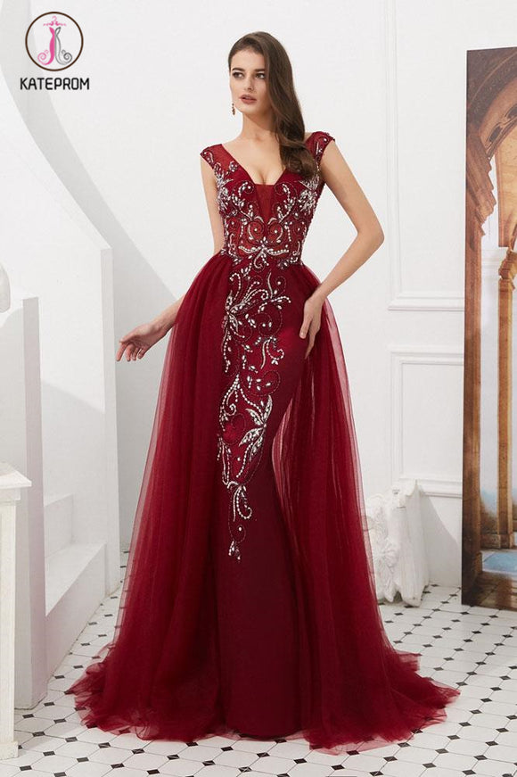 Kateprom Burgundy V Neck Sleeveless Tulle Long Prom Dress with Beads Crystal KPP1059