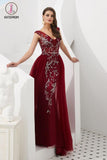 Kateprom Burgundy V Neck Sleeveless Tulle Long Prom Dress with Beads Crystal KPP1059