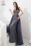 Kateprom Luxury Gray V Neck Sleeveless Tulle Long Prom Dress with Beads Crystal KPP1060