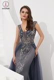 Kateprom Luxury Gray V Neck Sleeveless Tulle Long Prom Dress with Beads Crystal KPP1060