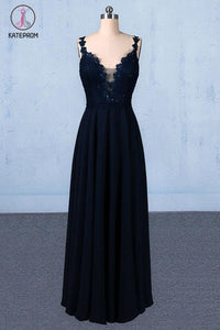 Kateprom Dark Navy Blue Straps Floor Length Evening Dresses, Long Chiffon Prom Dress with Lace KPP1061