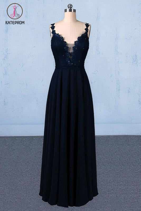 Kateprom Dark Navy Blue Straps Floor Length Evening Dresses, Long Chiffon Prom Dress with Lace KPP1061