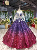 Kateprom Ball Gown Long Sleeves Sequins Ombre Prom Dress, Puffy Quinceanera Dress KPP1063