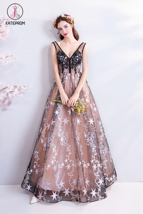 Kateprom Charming Floor Length Sleeveless Prom Dress with Stars, A Line Appliques Evening Dress KPP1067