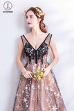 Kateprom Charming Floor Length Sleeveless Prom Dress with Stars, A Line Appliques Evening Dress KPP1067