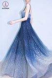 Kateprom Royal Blue Straps Floor Length Ombre Tulle Prom Dress, A Line Elegant Evening Dress KPP1069
