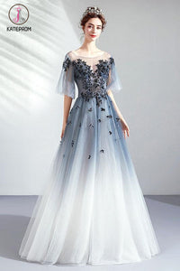 Kateprom Floor Length Half Sleeves Tulle Long Ombre Prom Dress with Appliques KPP1072