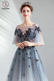 Kateprom Floor Length Half Sleeves Tulle Long Ombre Prom Dress with Appliques KPP1072
