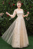 Kateprom Floor Length Long Sleeve Tulle Evening Dress with Appliques, Prom Gown KPP1073