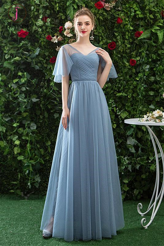 Kateprom Cheap V Neck Tulle Long Prom Dress with Short Sleeves, A Line Bridesmaid Dresses KPP1075