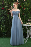 Kateprom Cheap Off Shoulder Tulle Long Prom Dress with Short Sleeves, Simple Bridesmaid Dresses KPP1076