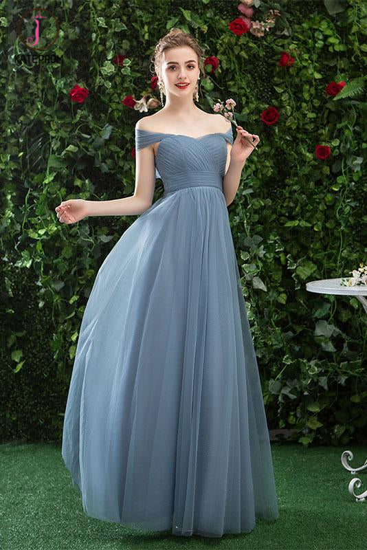 Kateprom Off Shoulder Tulle Cheap Long Prom Dress with Short Sleeves, Simple Bridesmaid Dresses KPP1077