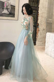Kateprom Elegant Long Sleeves Appliqued Tulle Prom Dress, Floor Length Appliques Evening Dress KPP1078