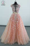 Kateprom See Through Cap Sleeves Floor Length Tulle Prom Dress with Appliques Belt KPP1080