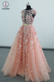 Kateprom See Through Cap Sleeves Floor Length Tulle Prom Dress with Appliques Belt KPP1080