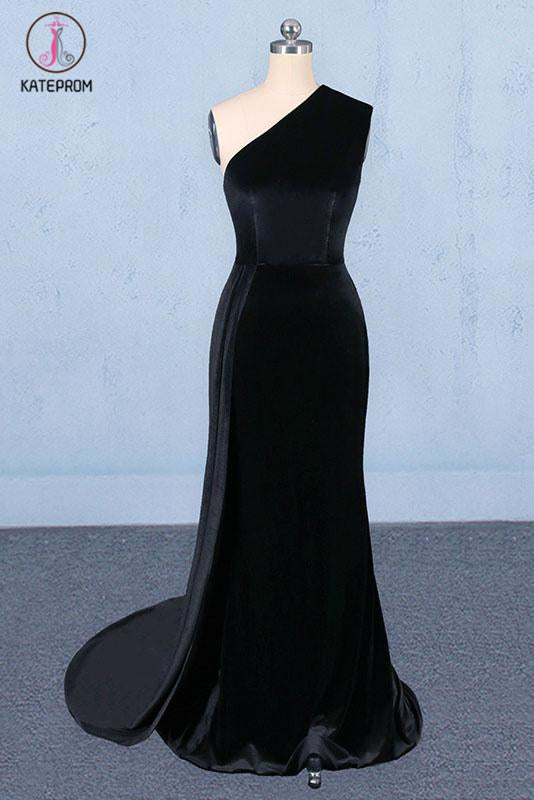 Kateprom Black One Shoulder Mermaid Long Evening Dress, Unique Black Prom Dresses KPP1081