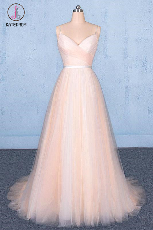 Kateprom Peach V Neck Sleeveless Tulle A Line Prom Dresses, Straps Tulle Evening Dress KPP1083