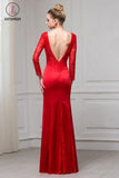 Kateprom Red Long Sleeves V Neck Mermaid Floor Length Evening Dress with Lace KPP1084