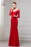 Kateprom Red Long Sleeves V Neck Mermaid Floor Length Evening Dress with Lace KPP1084