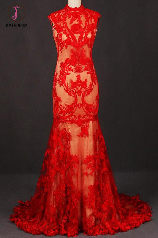 Kateprom Red Sleeveless High Neck Sleeveless Evening Dress Lace Tulle Prom Dresses KPP1085
