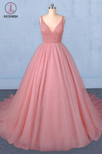 Kateprom Ball Gown V Neck Tulle Prom Dress with Beads, Puffy Sleeveless Quinceanera Dresses KPP1087