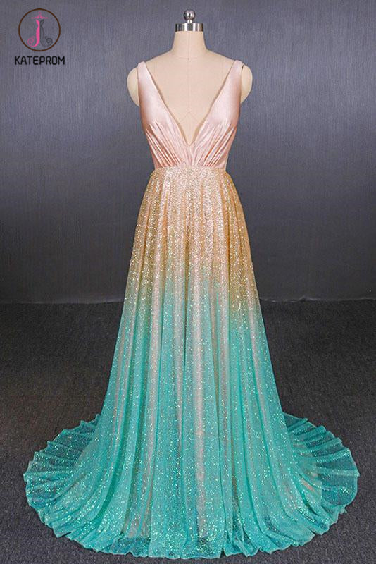 Kateprom Ombre Deep V Neck Sleeveless A Line Prom Dress, Ombre Backles kateprom Kateprom Ombre Deep V Neck Sleeveless A Line Prom Dress, Ombre Backles kateprom