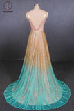 Kateprom Ombre Deep V Neck Sleeveless A Line Prom Dress, Ombre Backless Shiny Evening Dress KPP1088