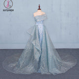 Kateprom Gorgeous Strapless Puffy Prom Dress, Glitter Sheath Evening Dress with Detachable Train KPP1089