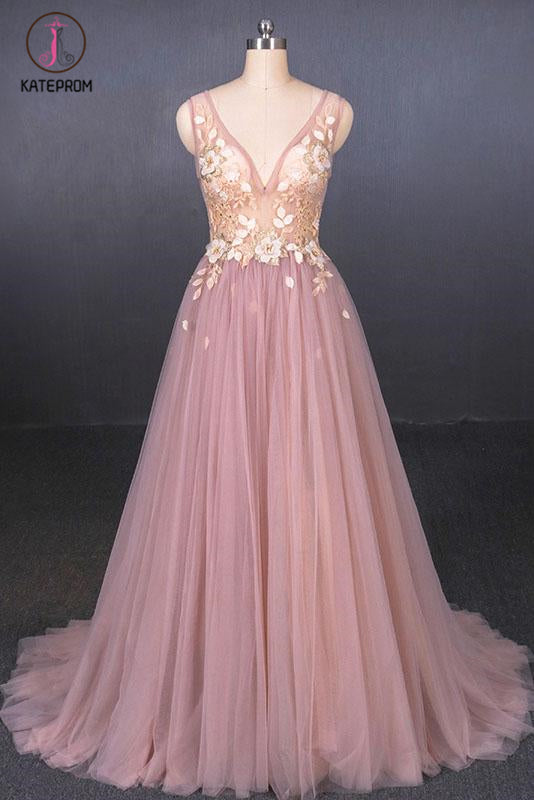 Kateprom Pink V Neck Sleeveless Tulle Prom Dress with Appliques, A Line Tulle Evening Dress KPP1092
