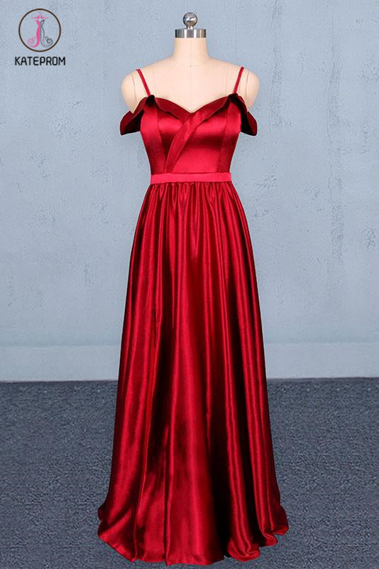 Kateprom Red Spaghetti Straps A Line Simple Prom Dress, Cheap Long Evening Dress KPP1093