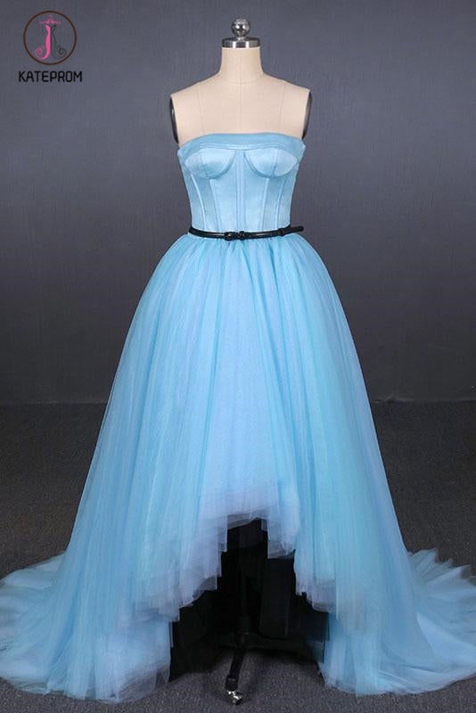 Kateprom Light Blue High Low Strapless Tulle Prom Dresses, Hi-Lo Tulle Evening Dresses KPP1094